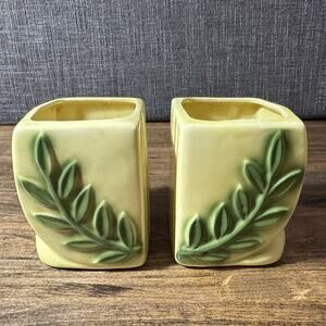 Rare pair of vintage ceramic 3 3/4" planters yellow plant Olympic Greek